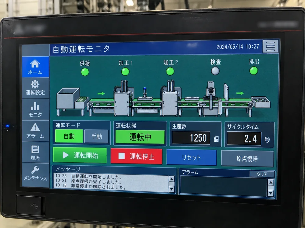 An automatic-operation monitor screen built for a touch panel: per-stage status lamps, operating mode, unit count, cycle time, messages and alarms on one screen
