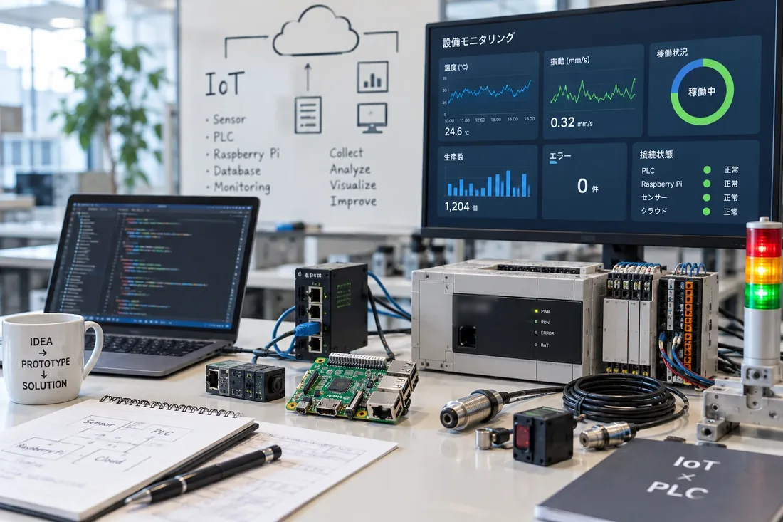 Step 03 — build, delivery and improvement: sensors, PLC, small server and a dashboard showing equipment status