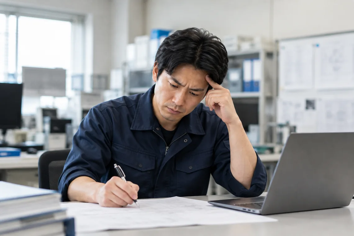 An engineer at a desk with drawings and a laptop, working out how to measure something